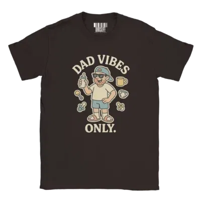 Dad Vibes Only Shirt with cartoon dad, bottle, and baby gear