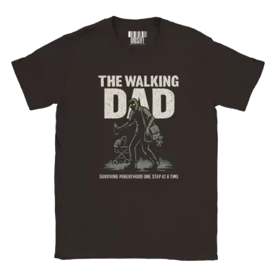 The Walking Dad Shirt showing zombie dad with stroller, bottle, and diaper bag — perfect gift for sleep-deprived new fathers