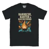 Funny grill shirt with fire pit, sausages, and backyard chaos