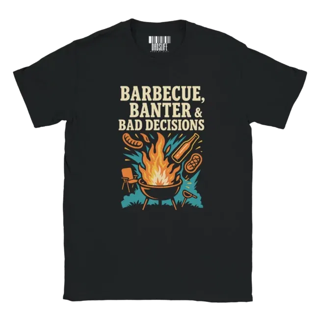 Funny grill shirt with fire pit, sausages, and backyard chaos