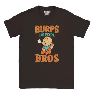Burps Before Bros Shirt with baby mid-burp and comic styling